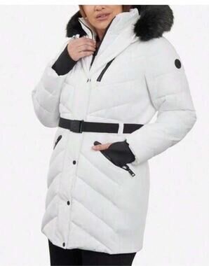 MICHAEL KORS Women's Plus Size Belted Faux-Fur-Trim Hooded Puffer Coat 3X NWT